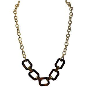 Womens Fashion Tortoise Shell Gold Tone Link Necklace w 5 Tortoise Links NEW